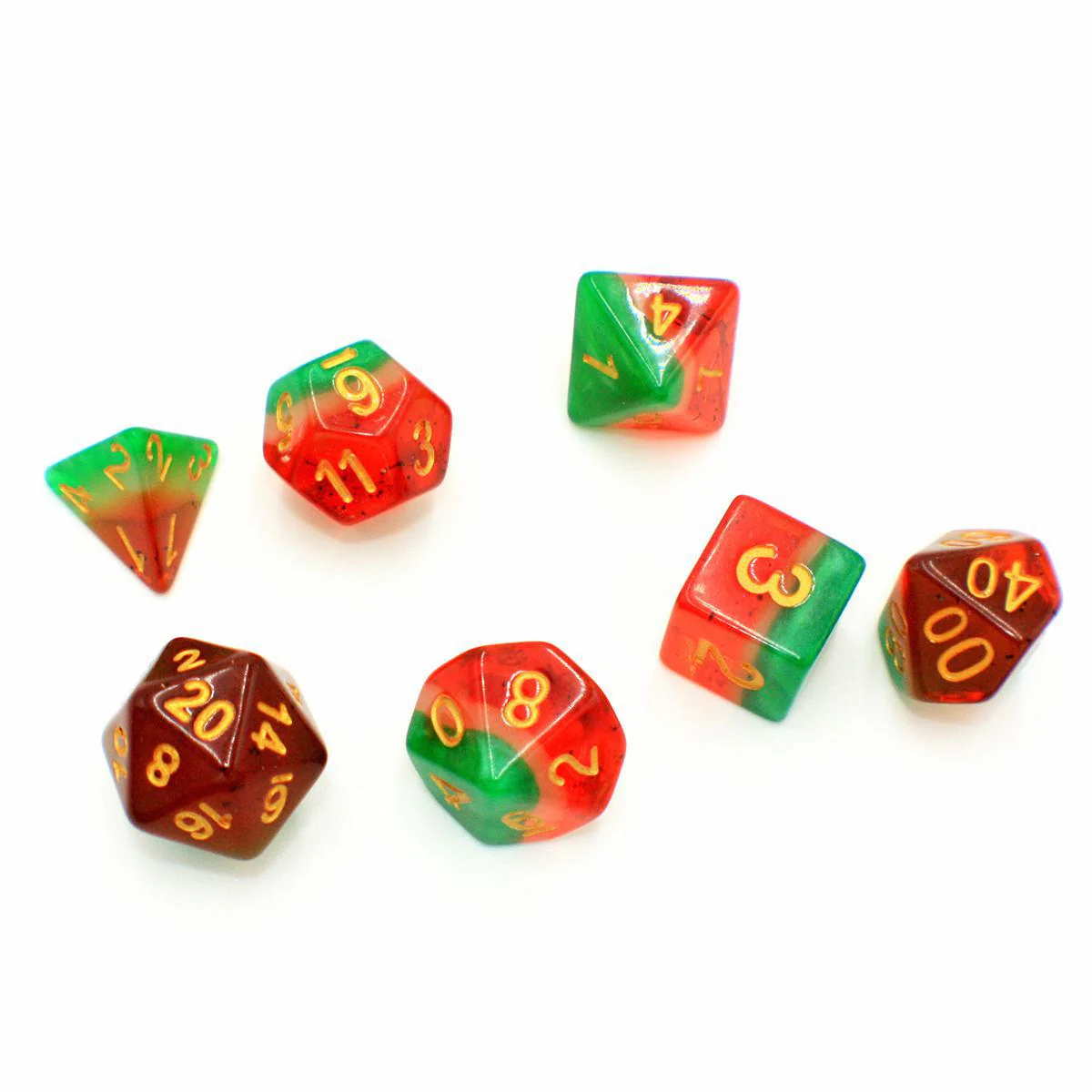 "Summertime Watermelon" - Green and Red with Gold Layer - Polyhedral Dice (7) - Level One Dice