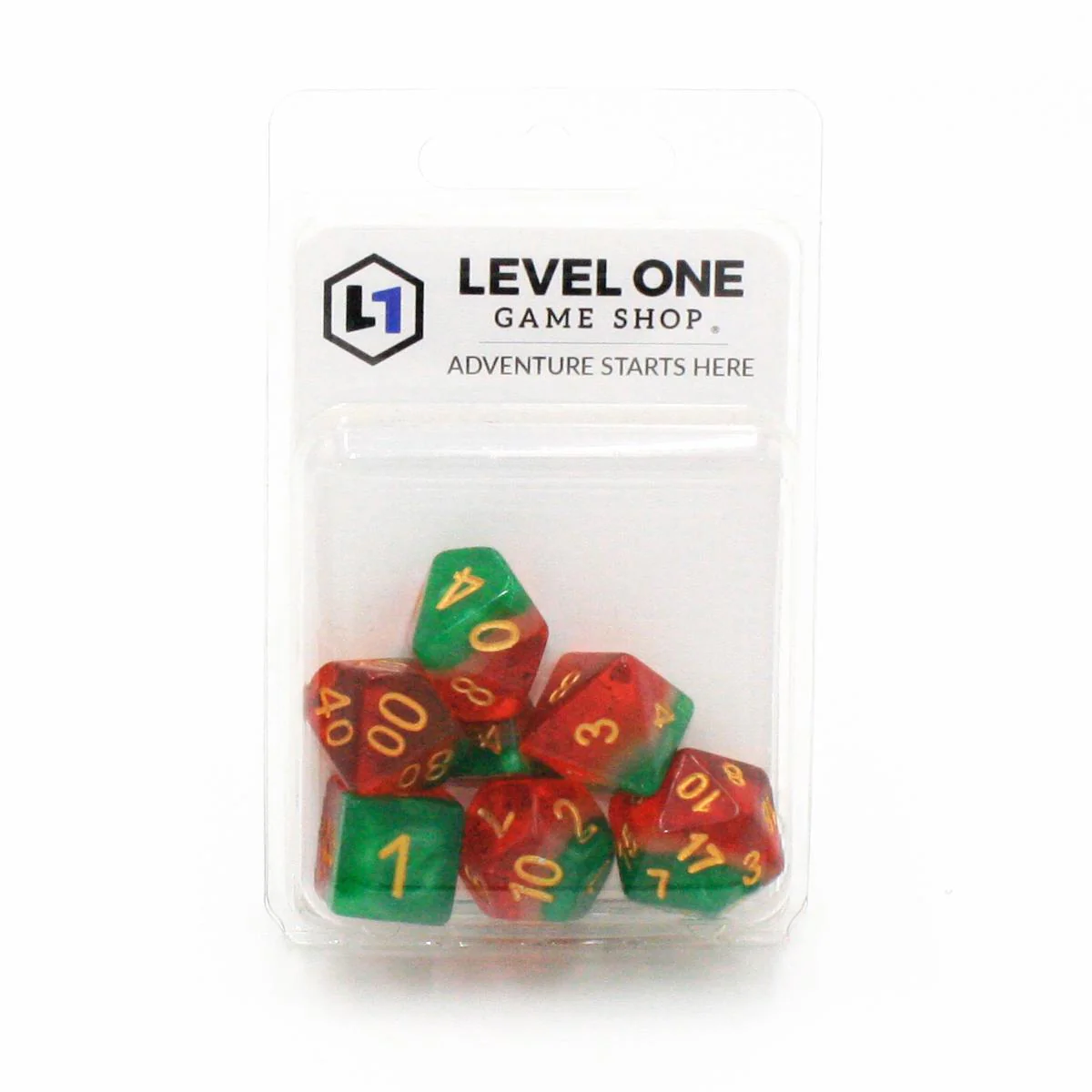 "Summertime Watermelon" - Green and Red with Gold Layer - Polyhedral Dice (7) - Level One Dice - Image 2