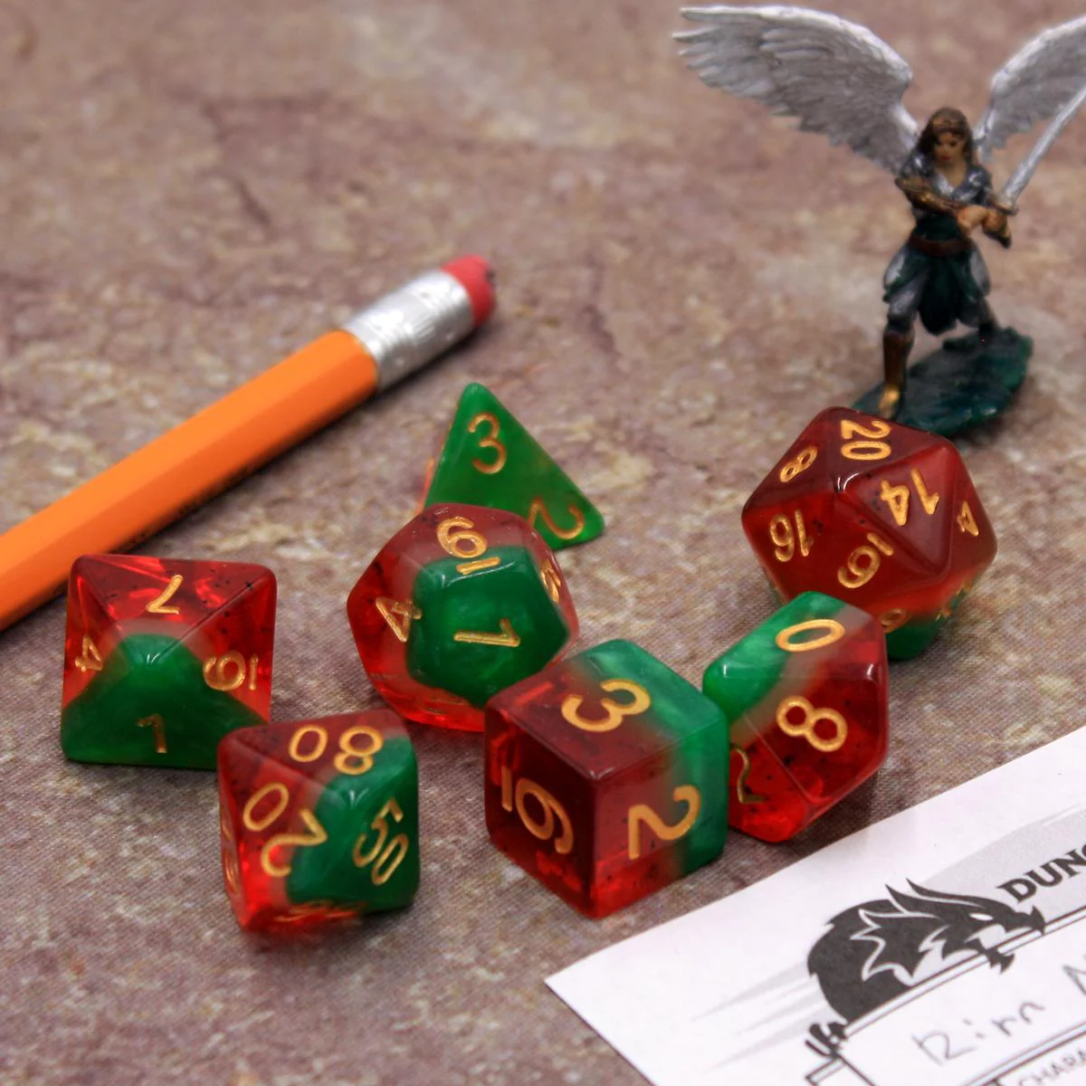 "Summertime Watermelon" - Green and Red with Gold Layer - Polyhedral Dice (7) - Level One Dice - Image 5