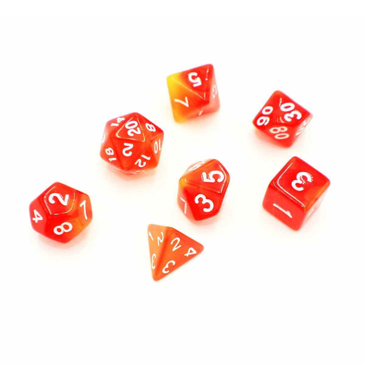 "Sunburst Chew" - Orange and Yellow Swirl with Gold - Polyhedral Dice (7) - Level One Dice