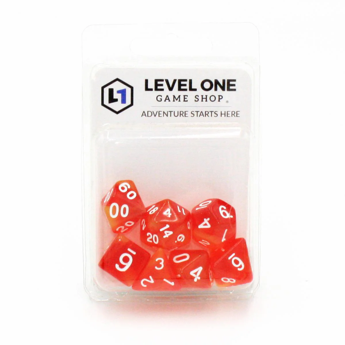 "Sunburst Chew" - Orange and Yellow Swirl with Gold - Polyhedral Dice (7) - Level One Dice - Image 2