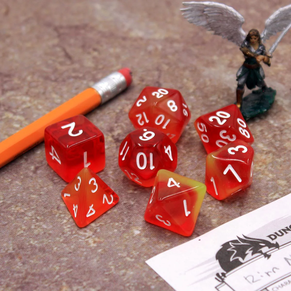 "Sunburst Chew" - Orange and Yellow Swirl with Gold - Polyhedral Dice (7) - Level One Dice - Image 5
