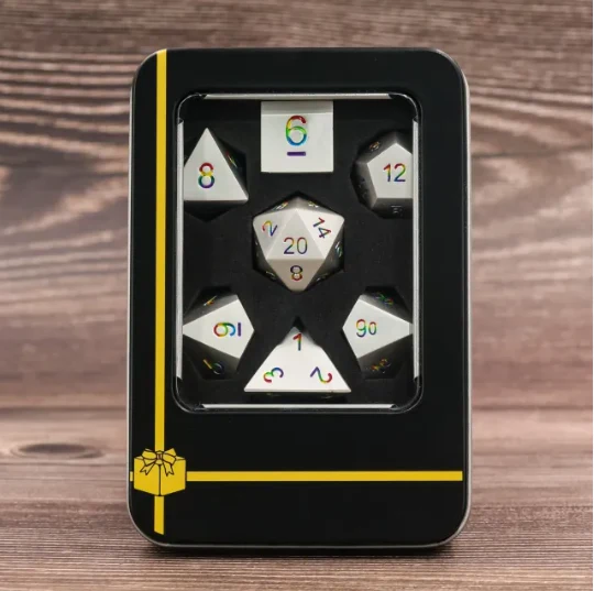 "Taste of Rainbow" - White and Rainbow - Metal Dice (7) - Level One Dice - Image 2