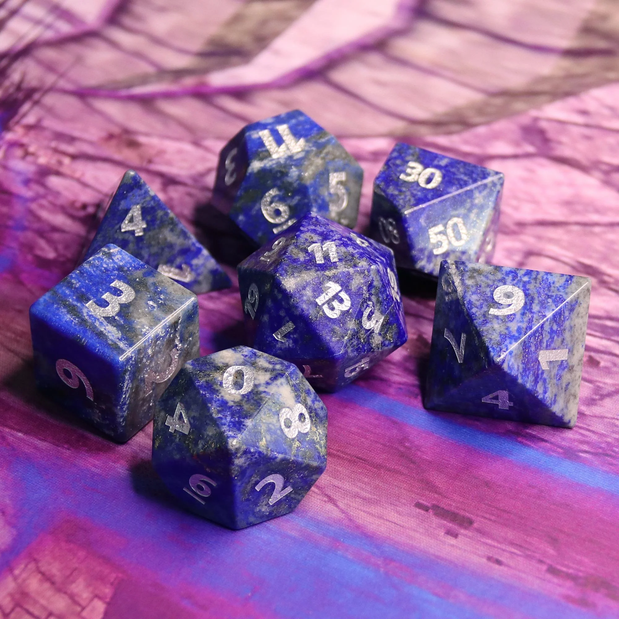 "Tectonic Twilight" - Blue and Gray Grains Lazurite with Silver Inking - Polyhedral Gemstone Dice (7) - Level One Dice