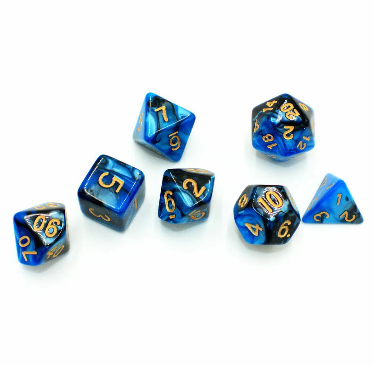 "Toxic Blueberry" - Black and Blue Pearlescent with Gold Swirl - Polyhedral Dice (7) - Level One Dice