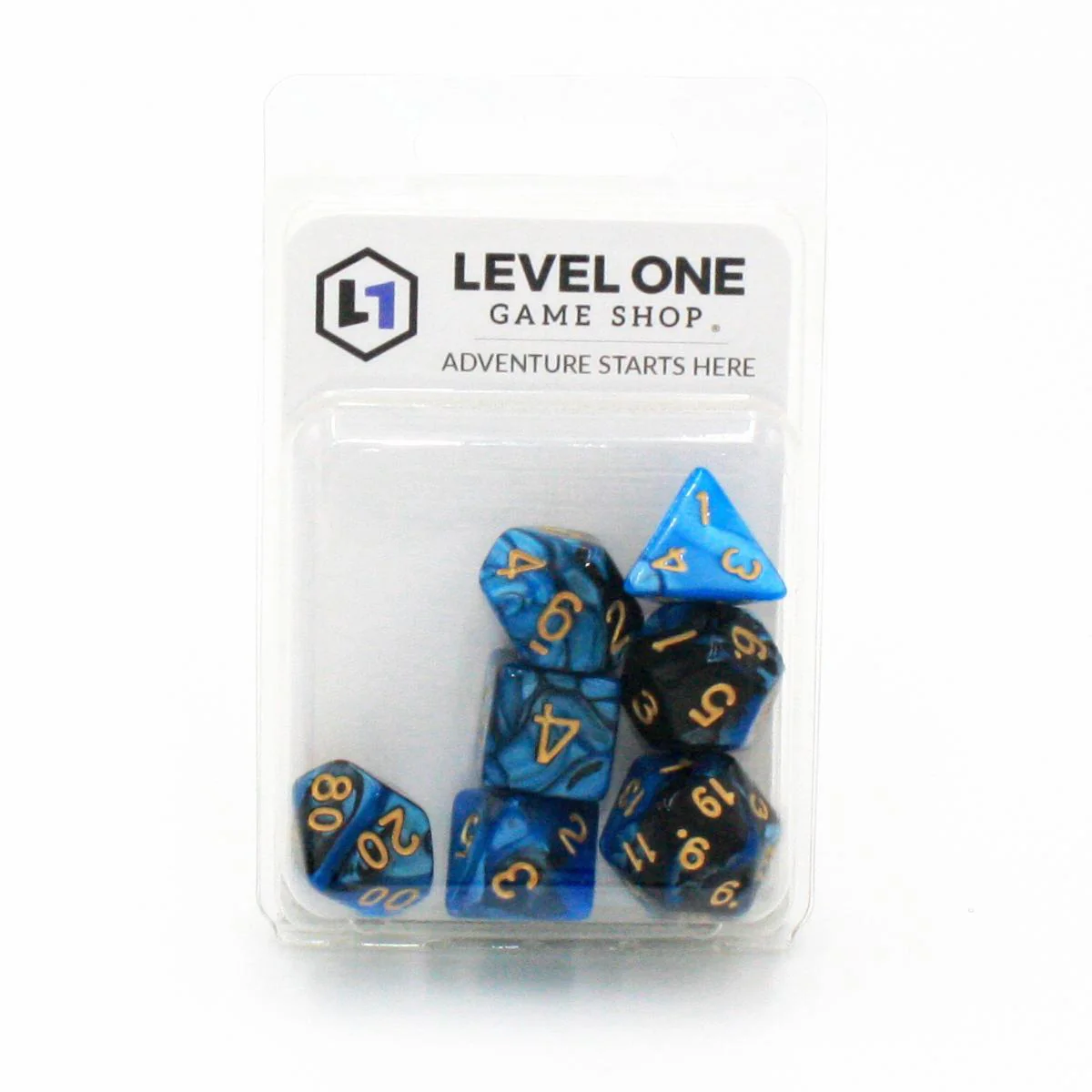 "Toxic Blueberry" - Black and Blue Pearlescent with Gold Swirl - Polyhedral Dice (7) - Level One Dice - Image 2