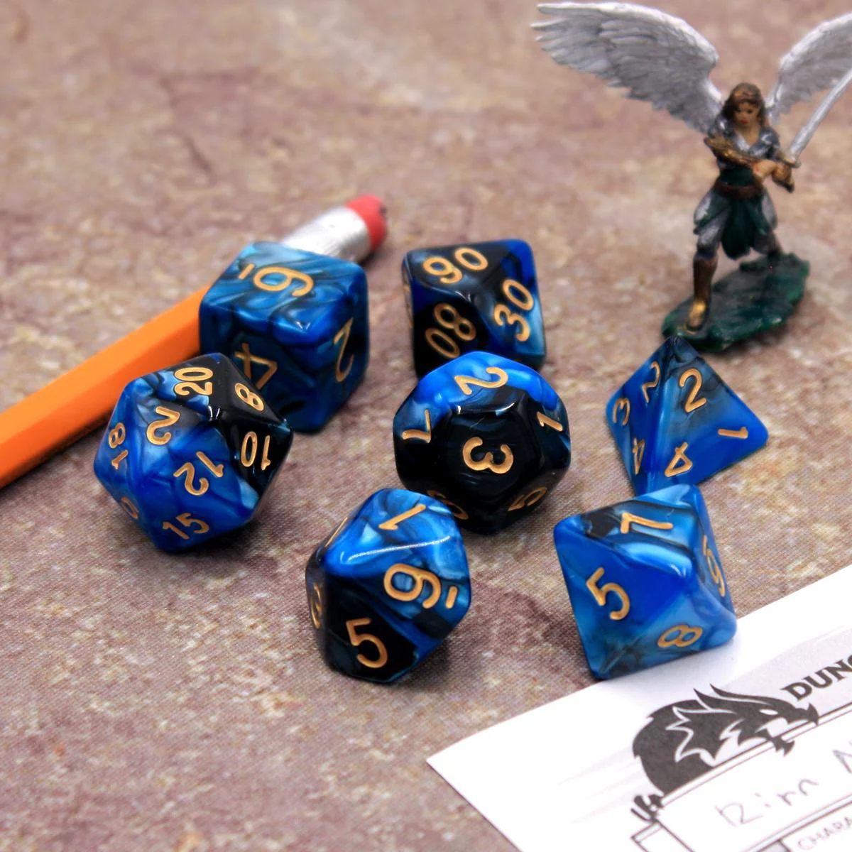 "Toxic Blueberry" - Black and Blue Pearlescent with Gold Swirl - Polyhedral Dice (7) - Level One Dice - Image 5