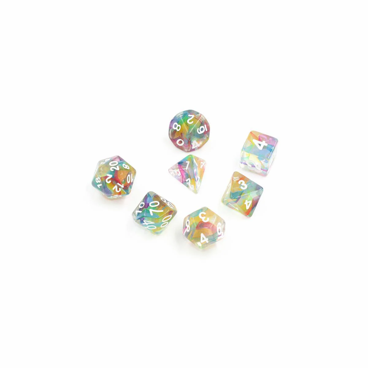 "Whimsical Wisp" Clear with Rainbow Ribbons - Polyhedral Dice (7) - Level One Dice