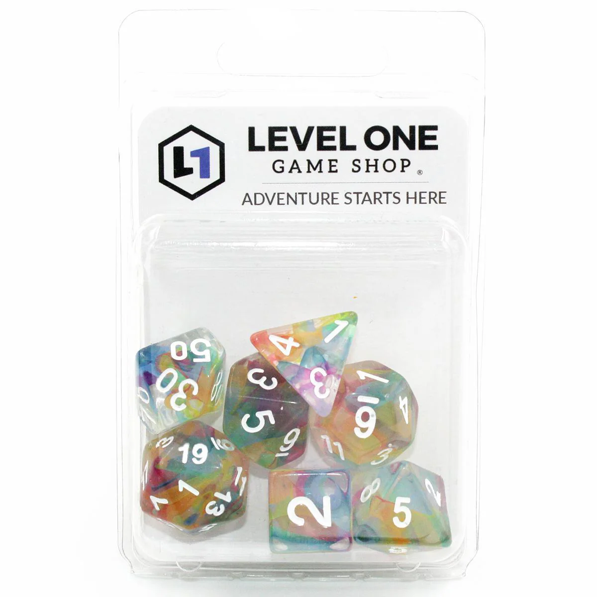 "Whimsical Wisp" Clear with Rainbow Ribbons - Polyhedral Dice (7) - Level One Dice - Image 2