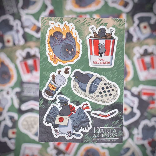 World of Trash: Waterproof Vinyl Sticker Sheet - Pigeons - 'Trash Fried Chicken'