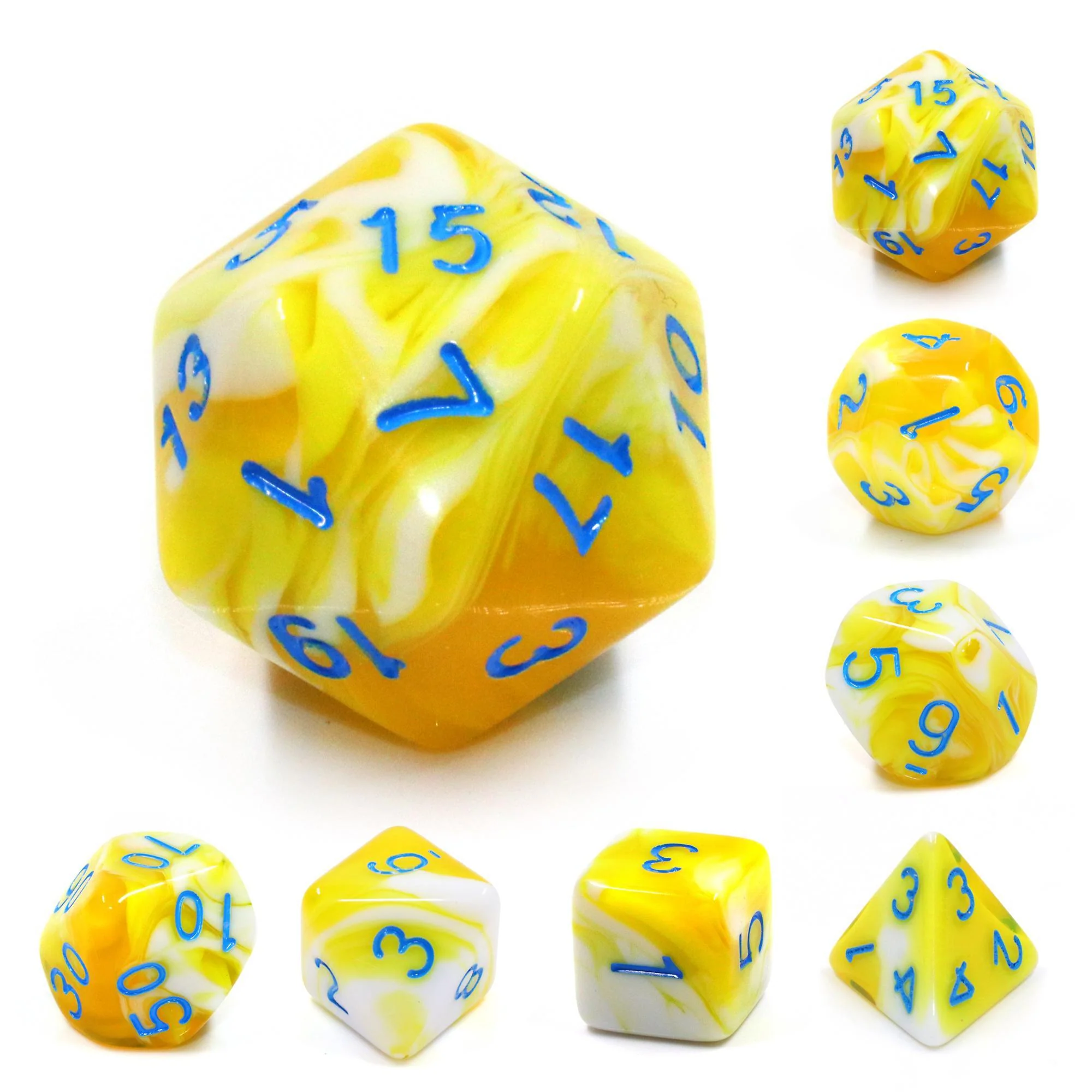 "Lemon Yogurt" - Yellow and White Swirl with Blue Inking - Polyhedral Dice (7) - Level One Dice - Image 2